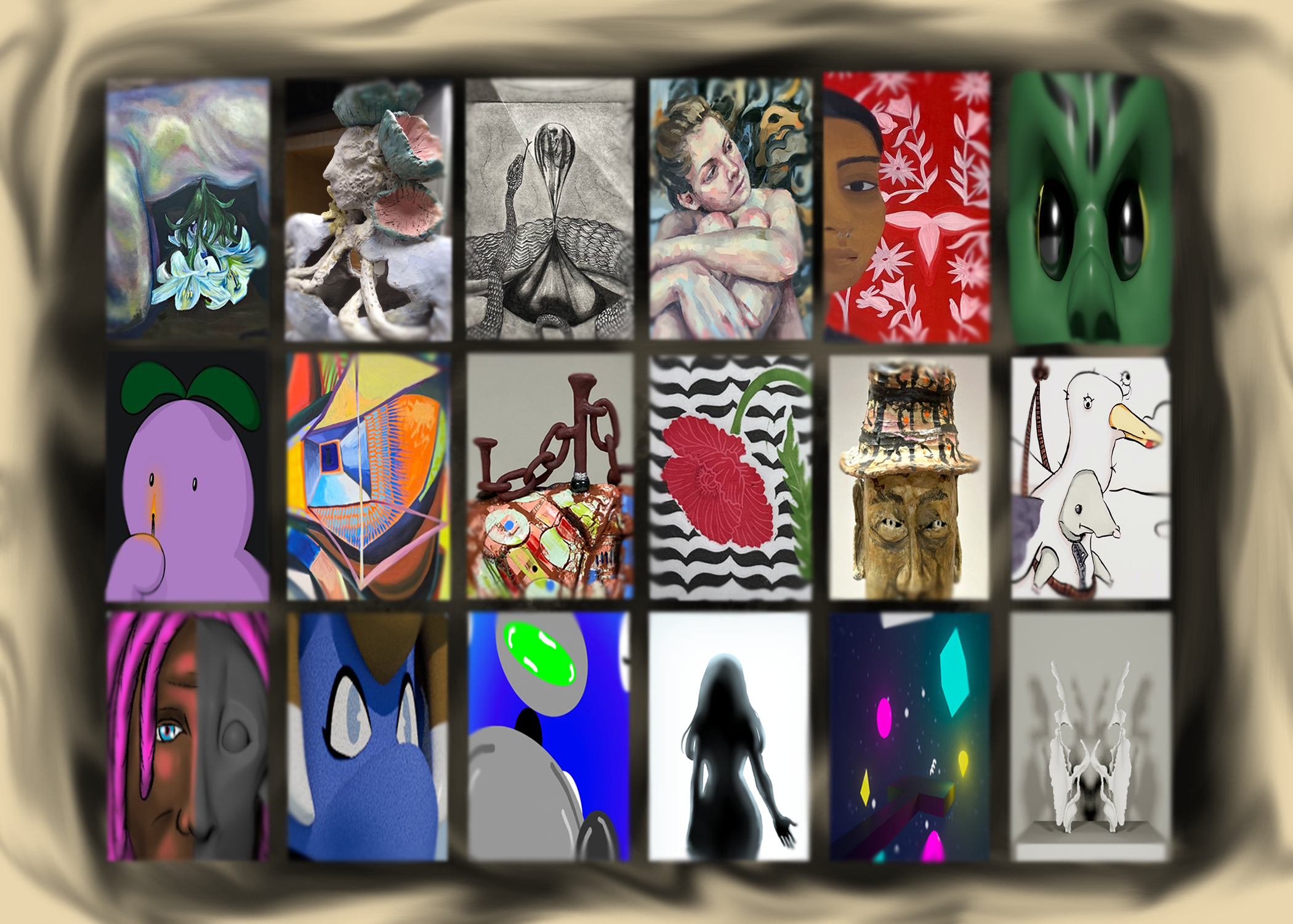 Postcard image showcasing art by each student in the Spring 2024 Senior Seminar class.